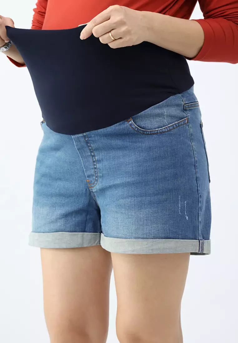 9months Maternity Mid Blue Maternity Full Panel Denim Shorts