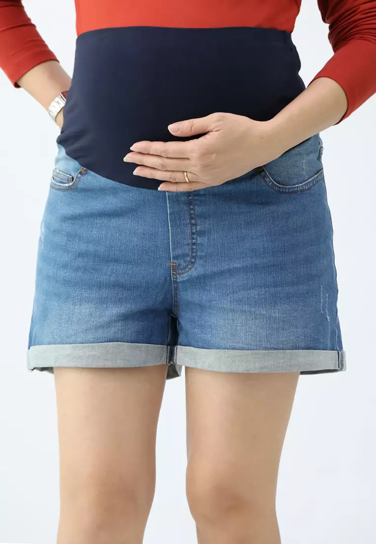 9months Maternity Mid Blue Maternity Full Panel Denim Shorts