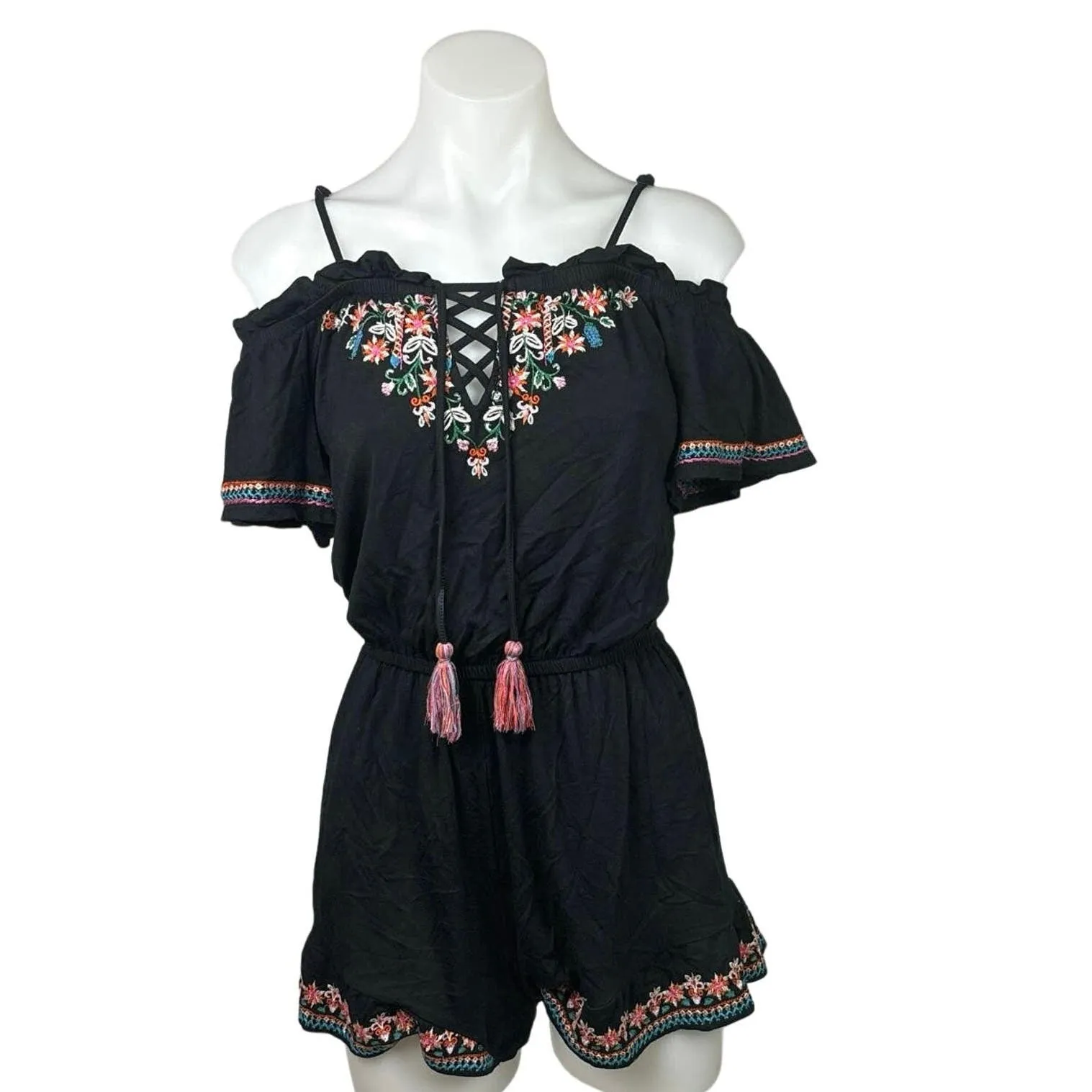 American Eagle Black Floral Embroidered Tassel Cold Shoulder Ruffle Romper Sz XS