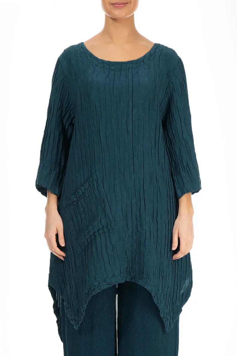 Asymmetric Crinkled Dark Teal Silk Linen Tunic