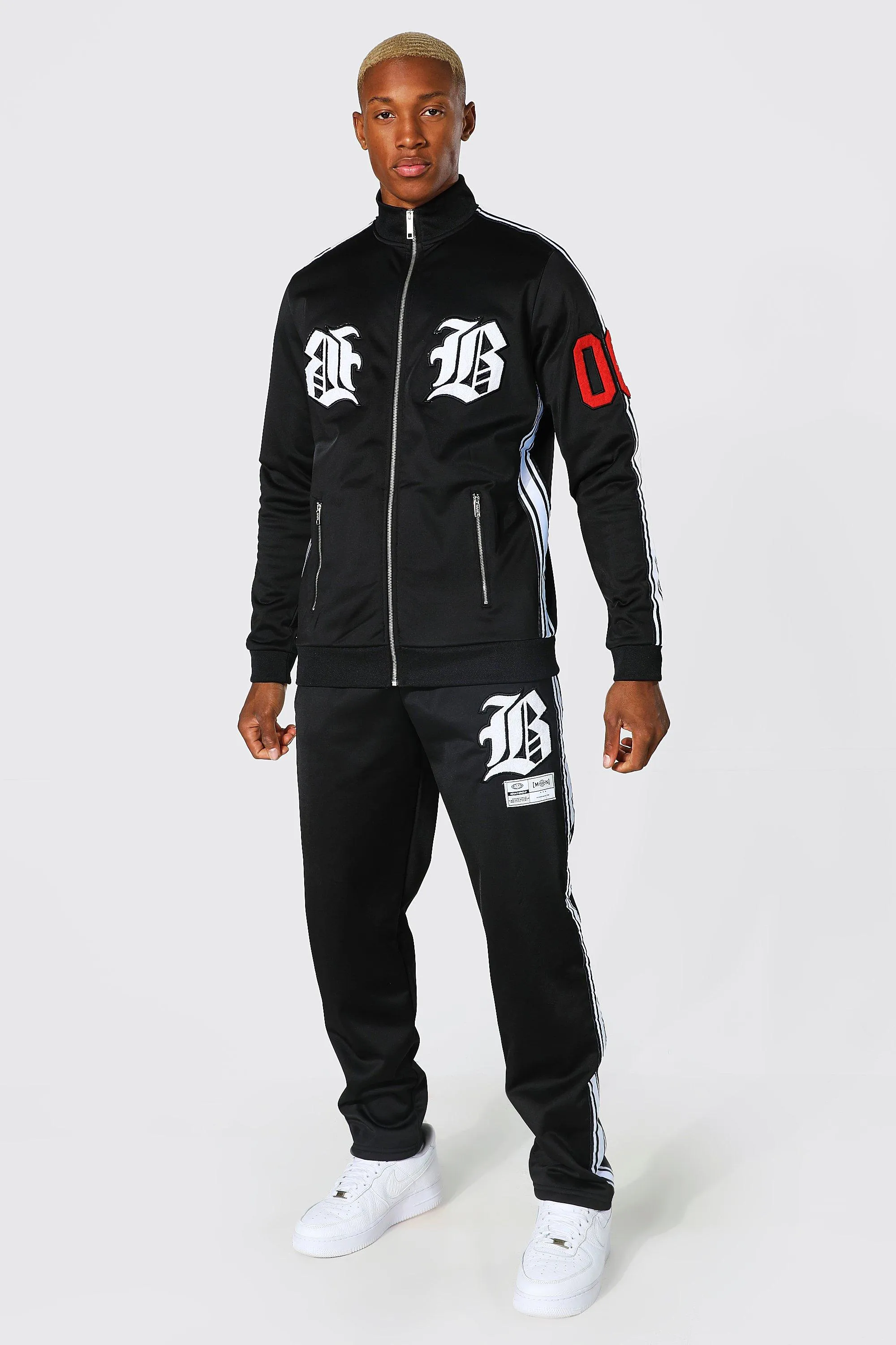 B Varsity Badge Tricot Zip Through Tracksuit | boohooMAN UK