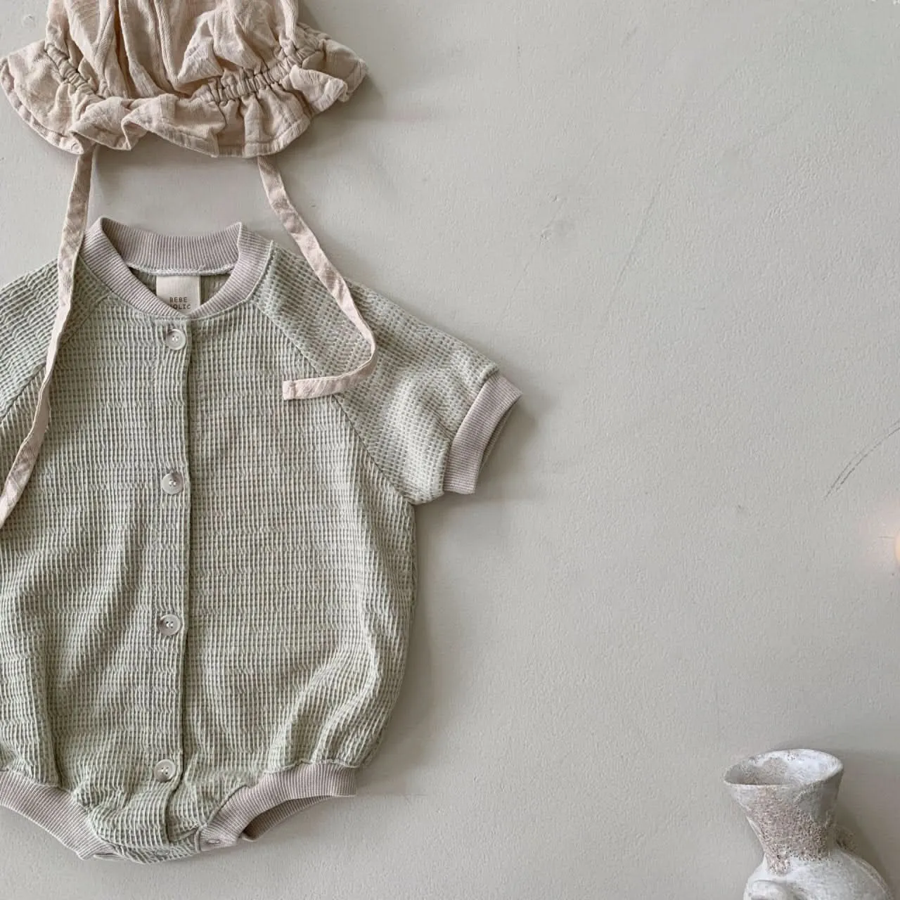 Baby BH Contrast Trim Button Waffle Romper (3-18m) - Mint