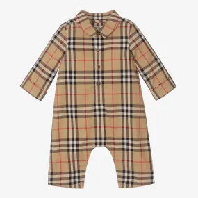 Beige Check Cotton Romper