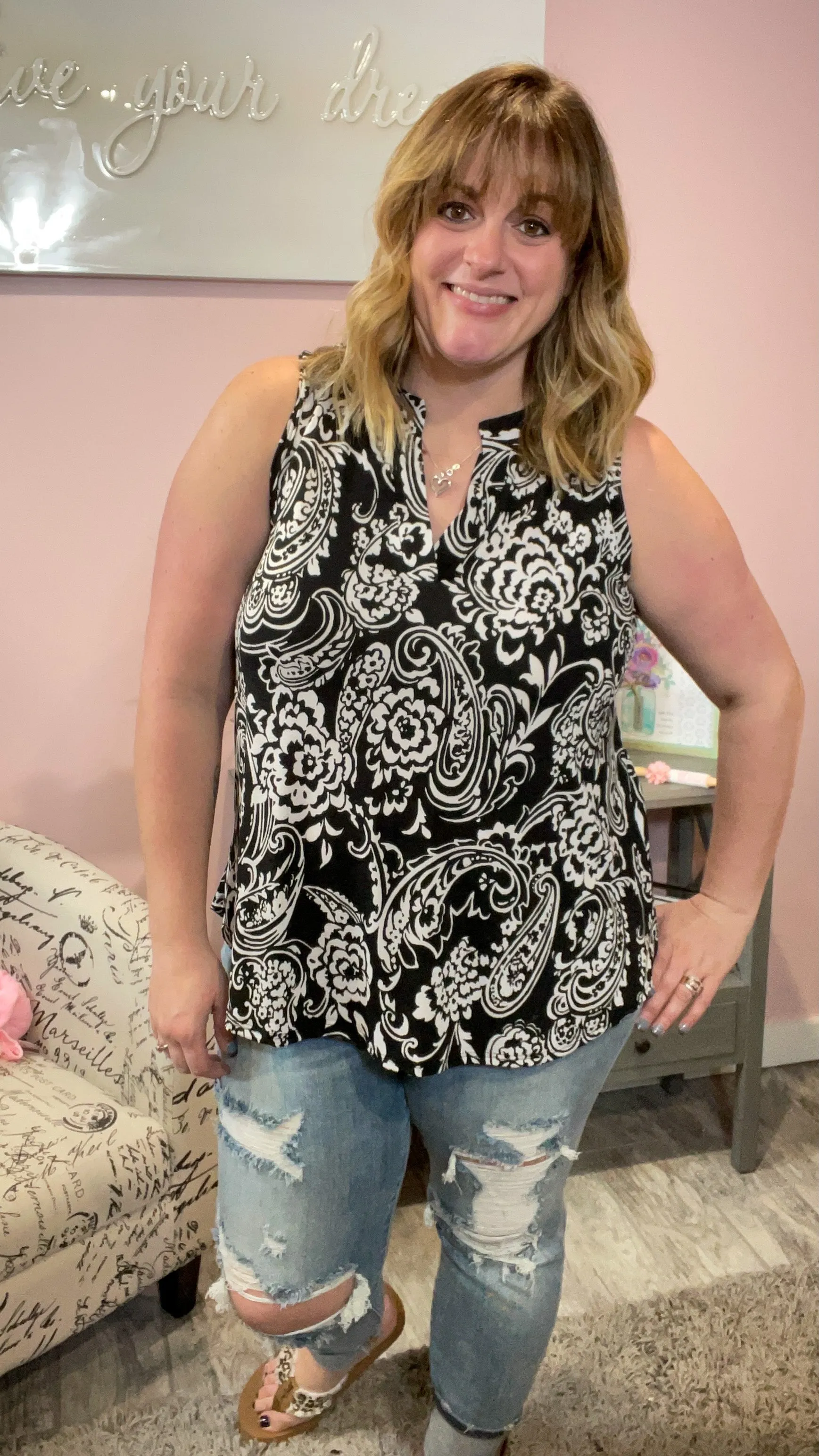 Black and White Paisley Sleeveless Tunic