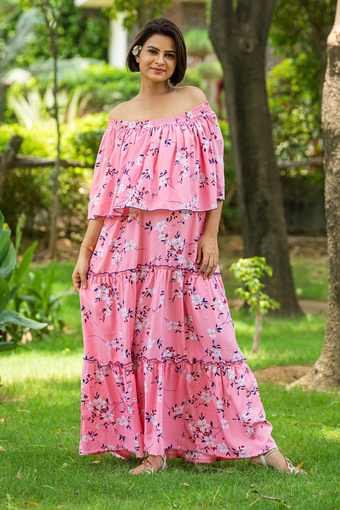 Bubblegum Pink Off-Shoulder Maternity Maxi Dress