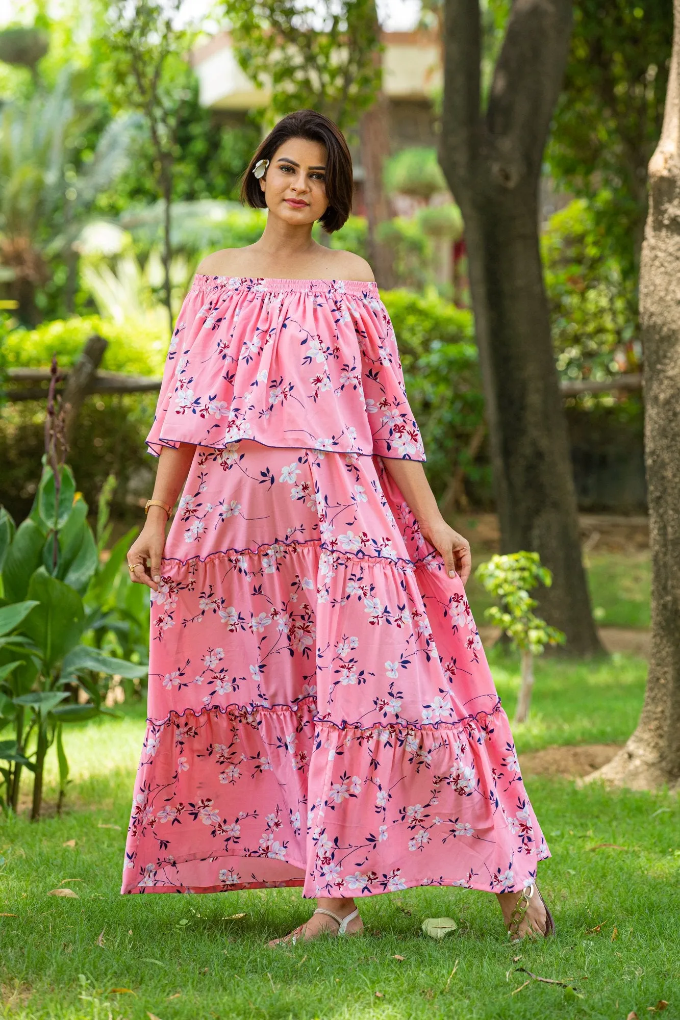 Bubblegum Pink Off-Shoulder Maternity Maxi Dress