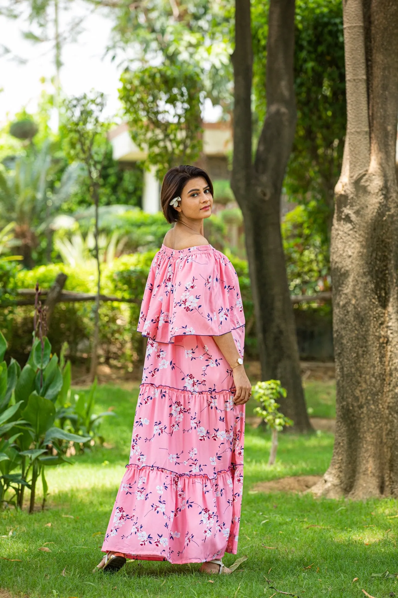 Bubblegum Pink Off-Shoulder Maternity Maxi Dress