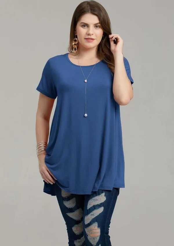 Crew Neck Short Sleeves Flare Tunic Blouse - LARACE 8031