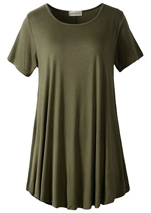 Crew Neck Short Sleeves Flare Tunic Blouse - LARACE 8031