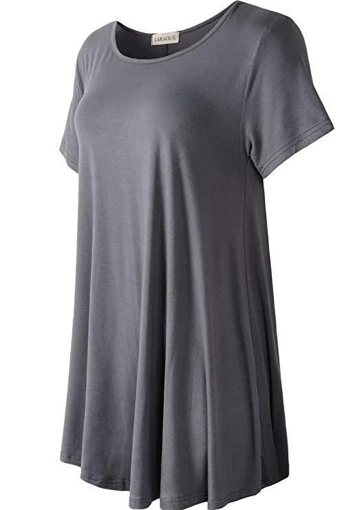 Crew Neck Short Sleeves Flare Tunic Blouse - LARACE 8031