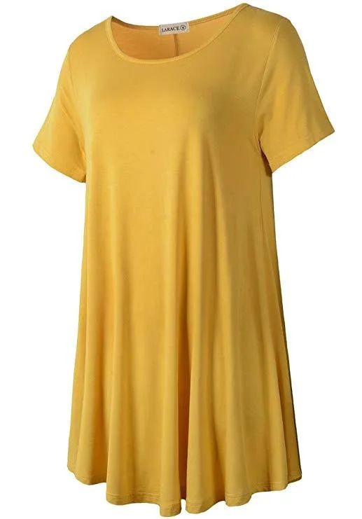 Crew Neck Short Sleeves Flare Tunic Blouse - LARACE 8031