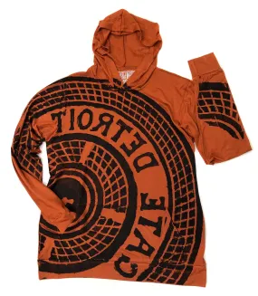 Detroit Manhole Cover Lightweight Jersey Hoodie, Burnt Orange. Detroit Tire Print. Limited Edition!