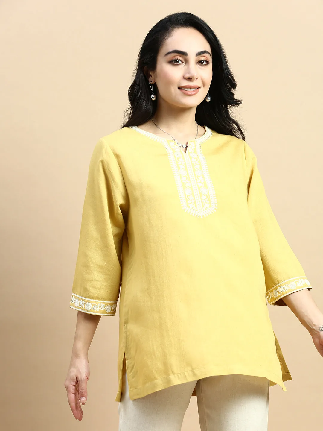 Embroidered Tunic Top-Mustard