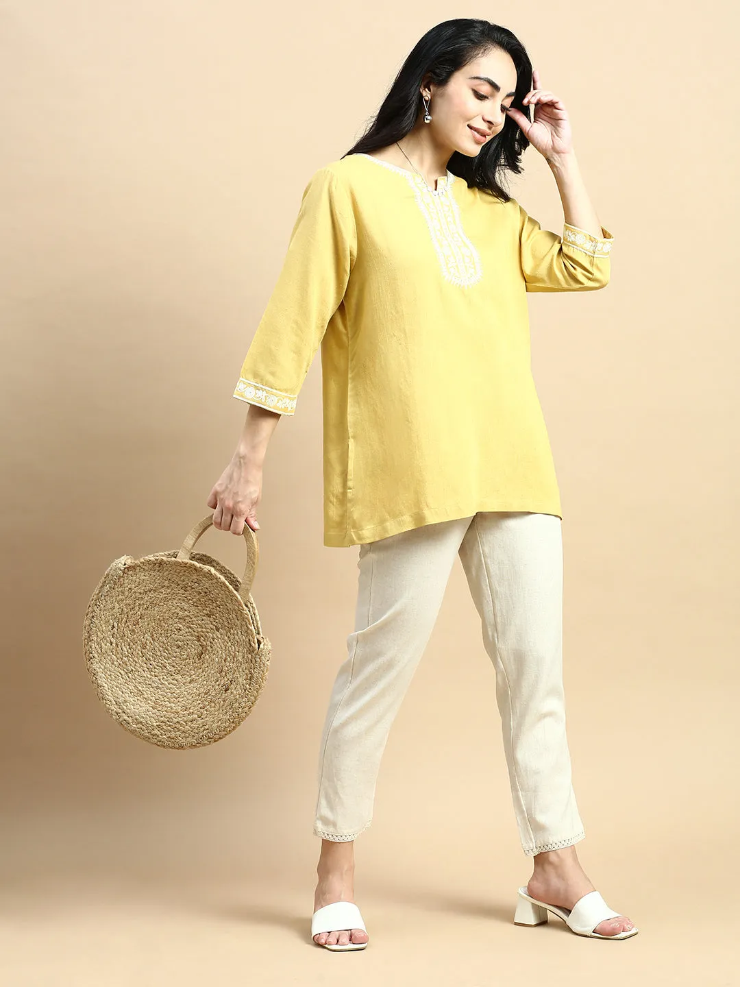 Embroidered Tunic Top-Mustard