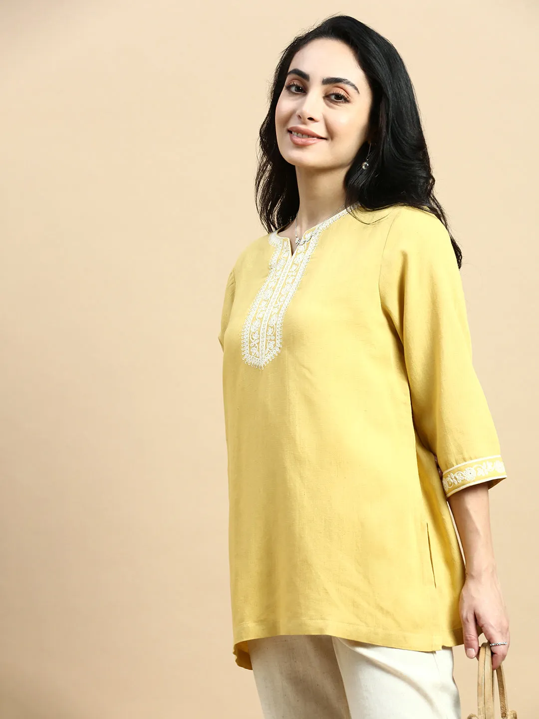 Embroidered Tunic Top-Mustard