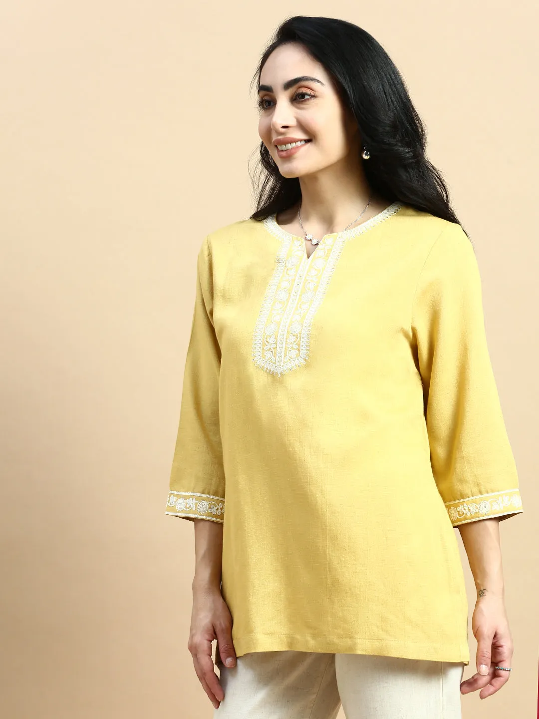 Embroidered Tunic Top-Mustard