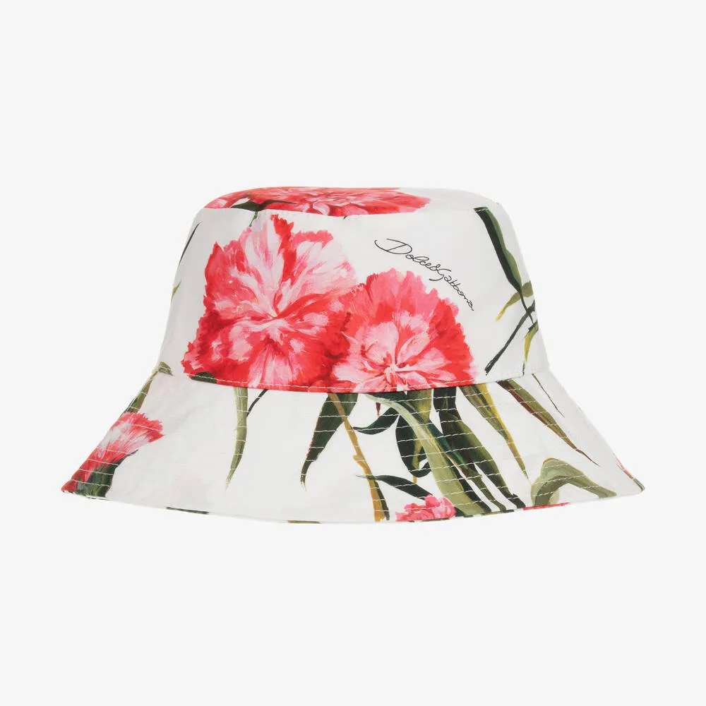 Girls White & Pink Carnation Bucket Hat