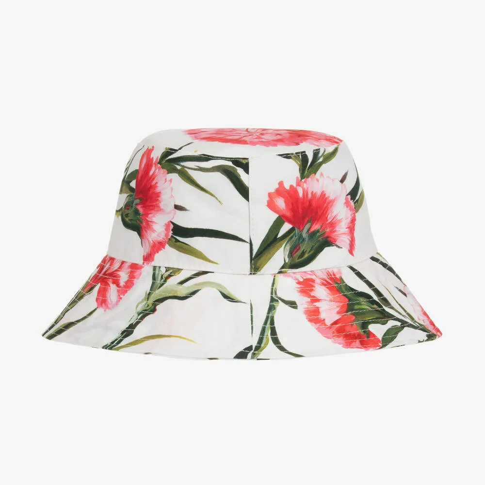 Girls White & Pink Carnation Bucket Hat