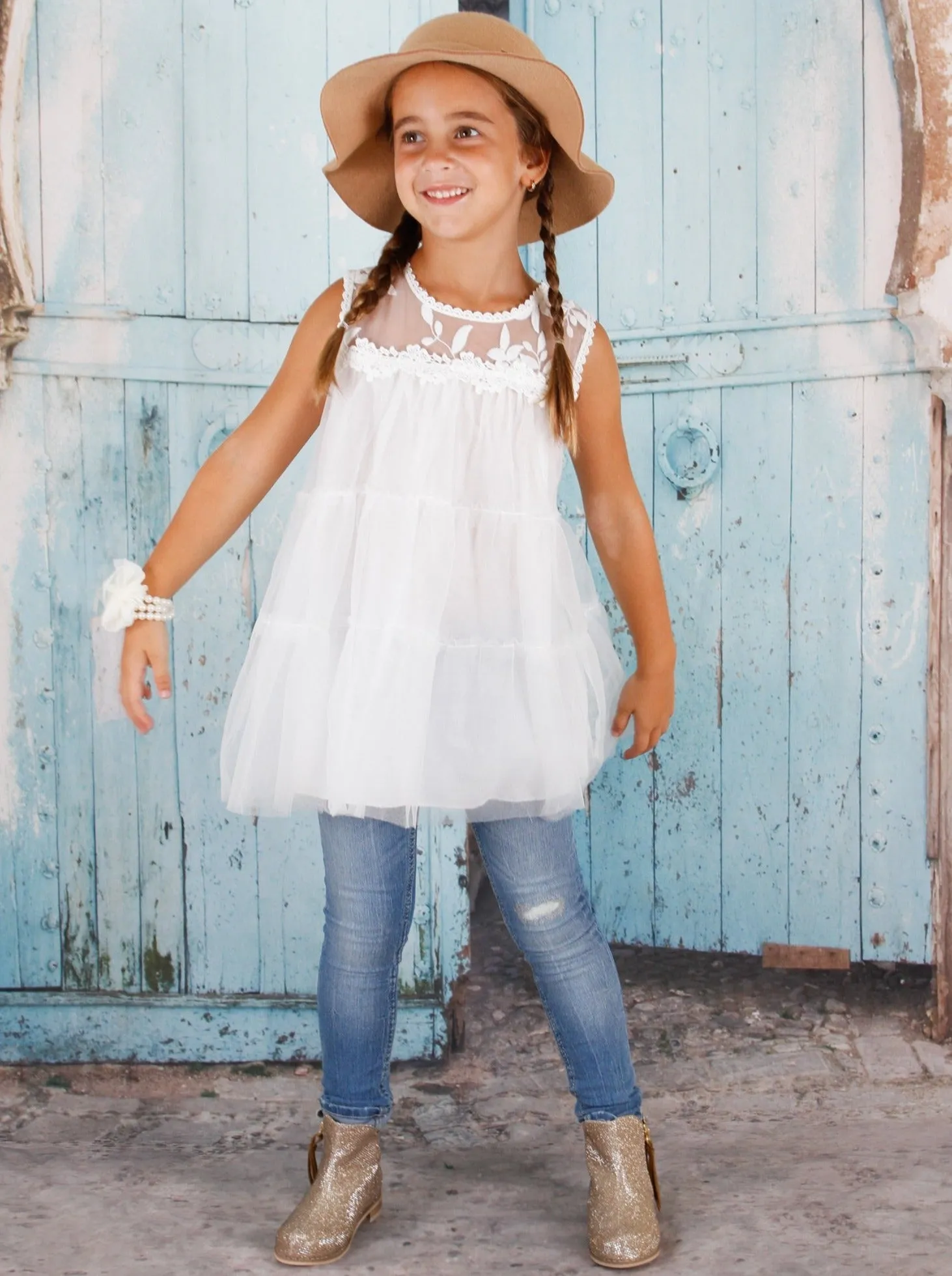 Girls White Ruffled Tunic