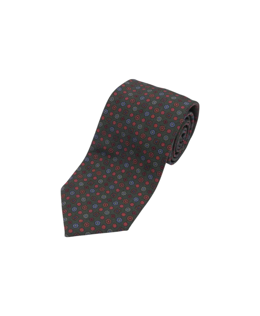 Green with Blue, Red Small Medallion Wool/Silk Necktie | He Spoke Style