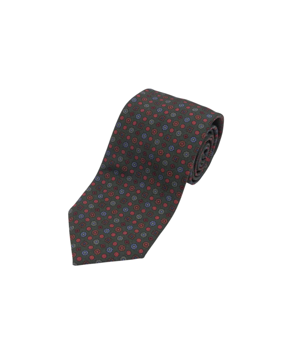 Green with Blue, Red Small Medallion Wool/Silk Necktie | He Spoke Style