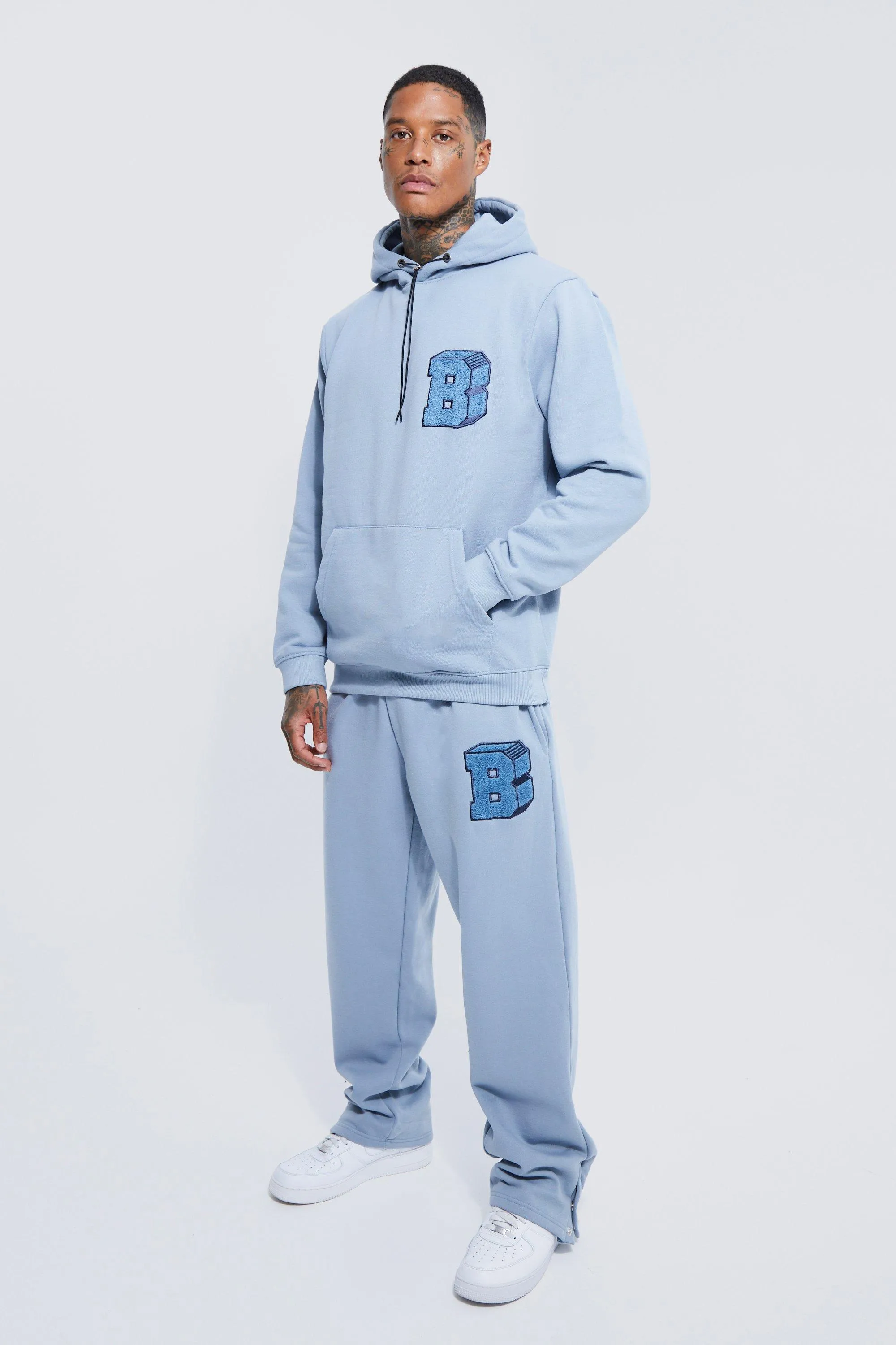 Heavyweight Hooded Tracksuit With Popper Detail | boohooMAN UK