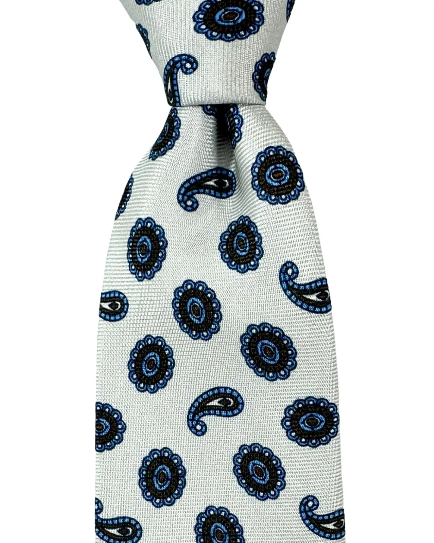 Kiton Tie Gray Blue Brown Paisley Medallions - Sevenfold Necktie SALE