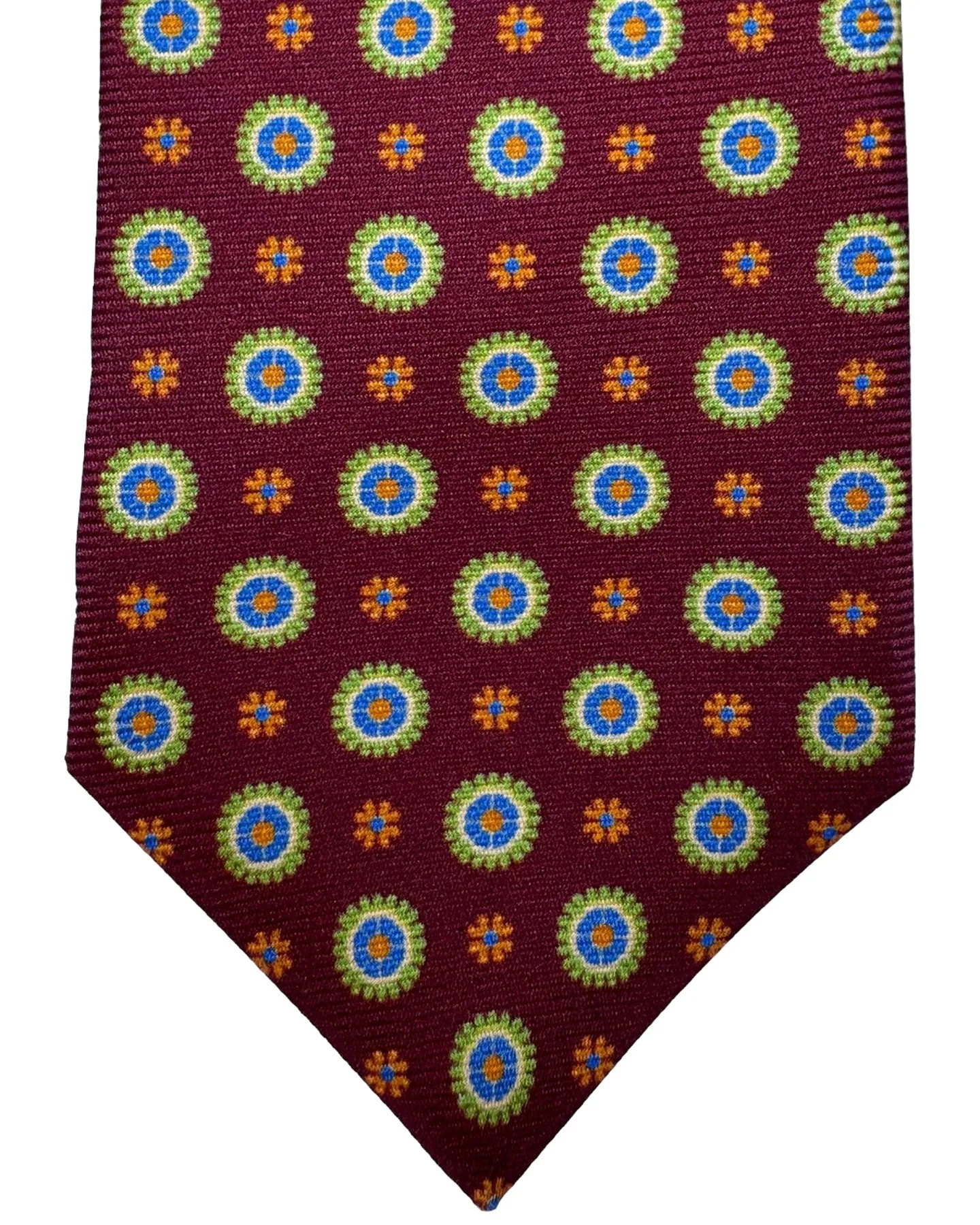 Kiton Tie Maroon Lime Orange Geometric Flowers - Sevenfold Necktie