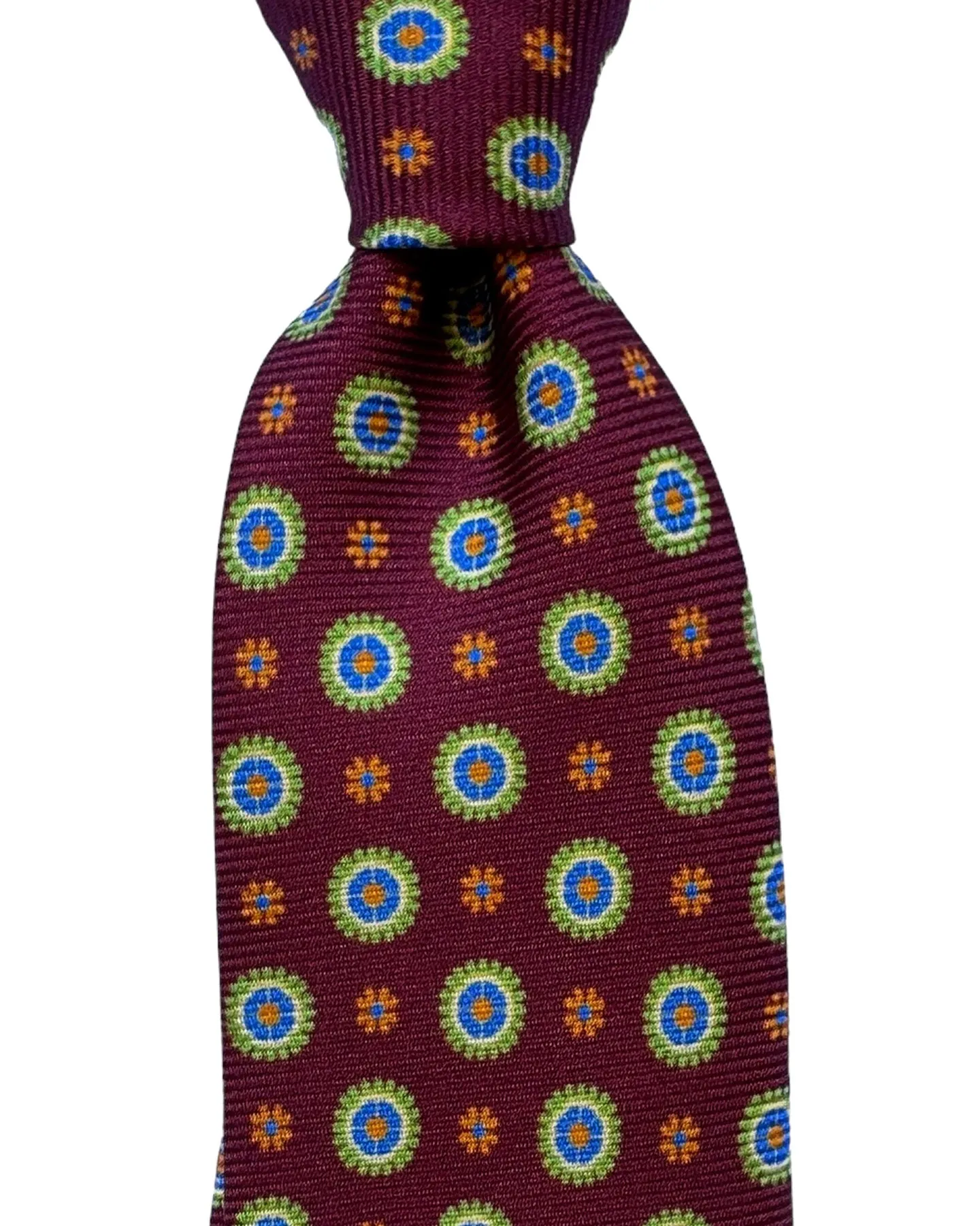 Kiton Tie Maroon Lime Orange Geometric Flowers - Sevenfold Necktie