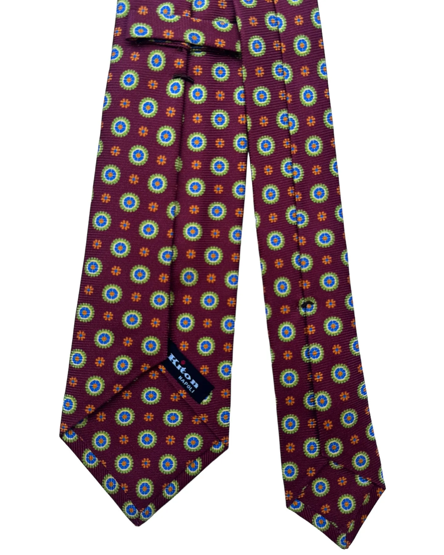 Kiton Tie Maroon Lime Orange Geometric Flowers - Sevenfold Necktie