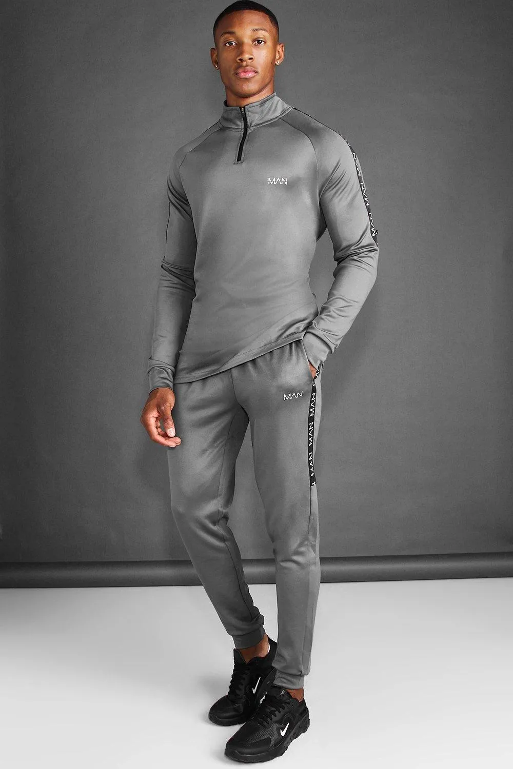 Man Active Skinny Fit Tracksuit With Tape | boohooMAN UK