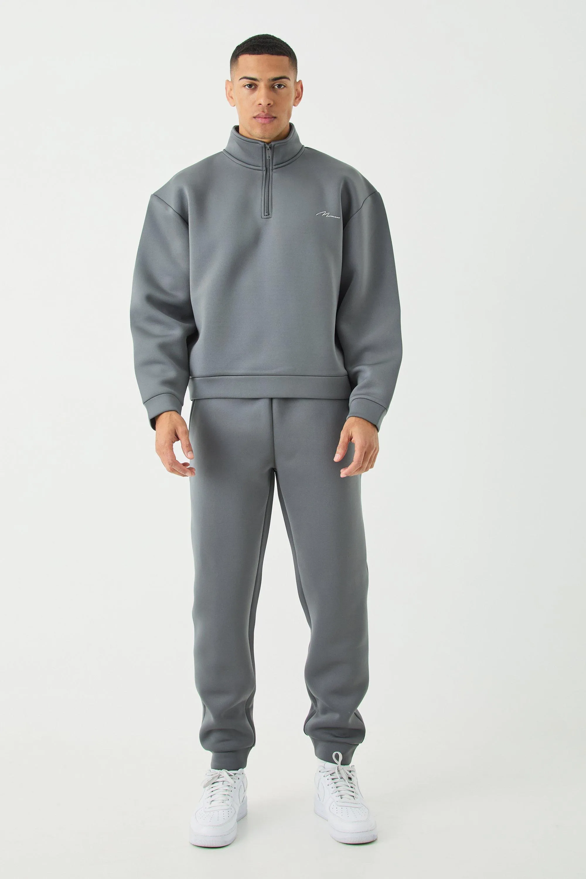 Man Oversized Boxy Quarter Zip Bonded Scuba Tracksuit | boohooMAN UK