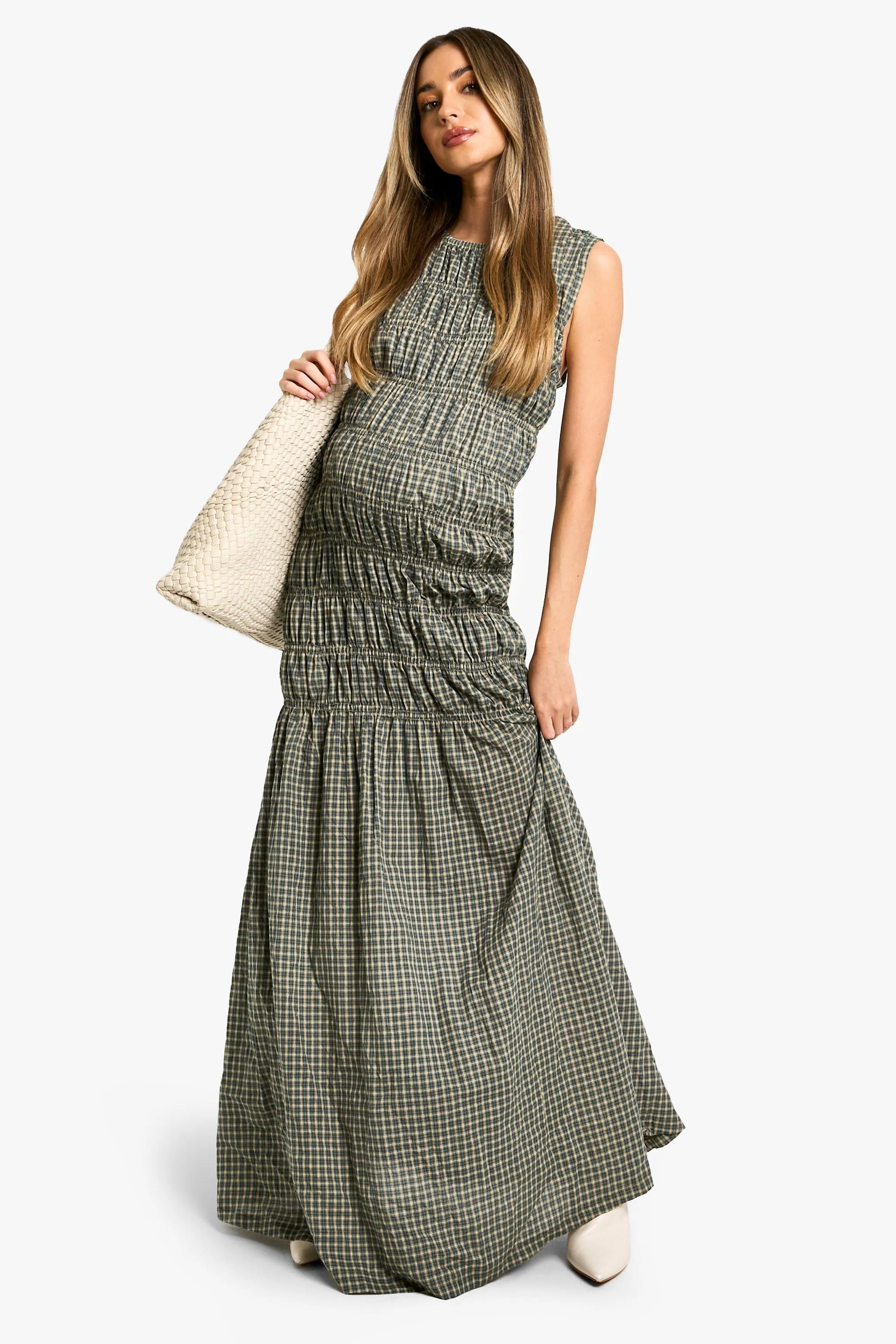 Maternity Check Shirred Maxi Dress