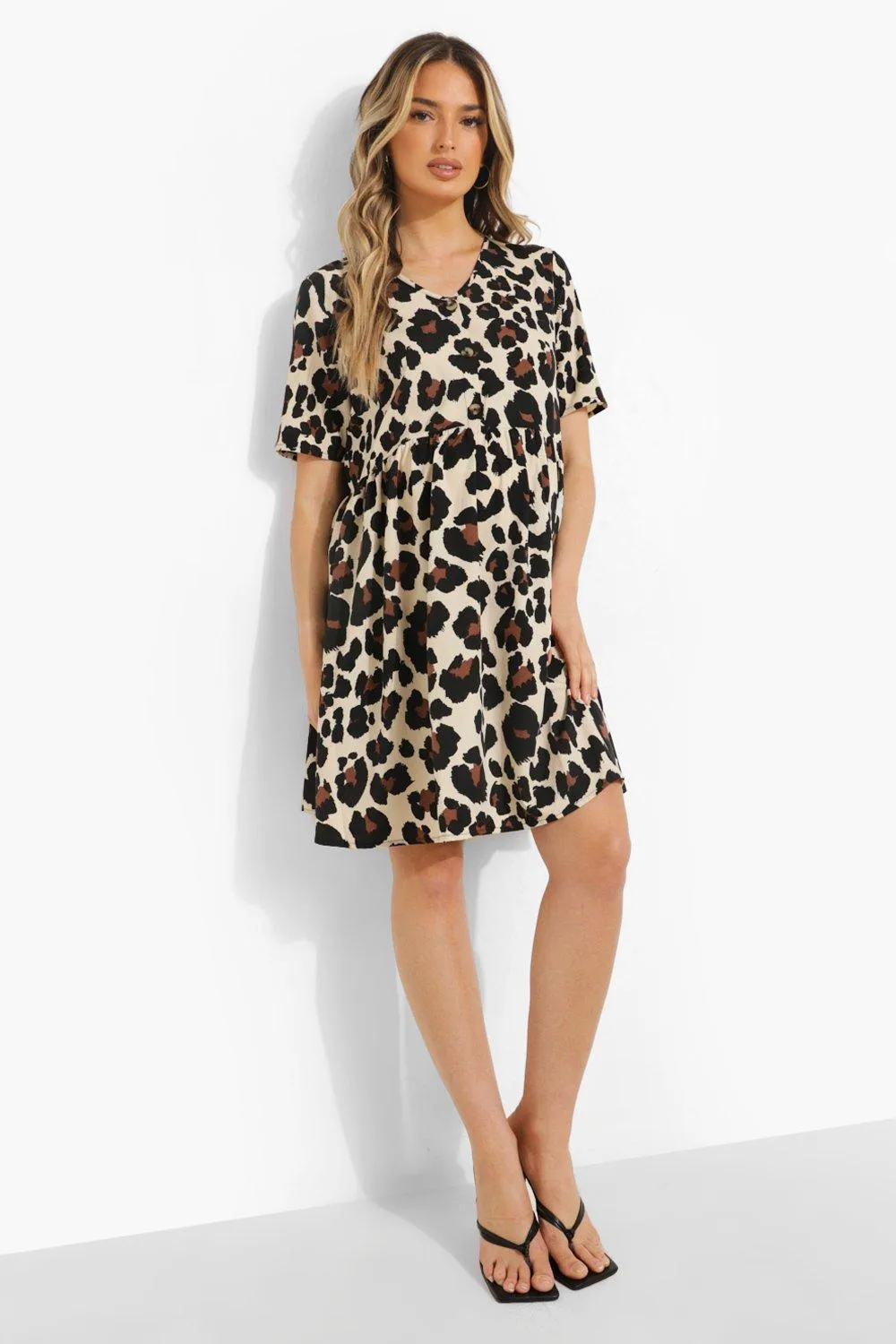 Maternity Leopard Button Down Smock Dress