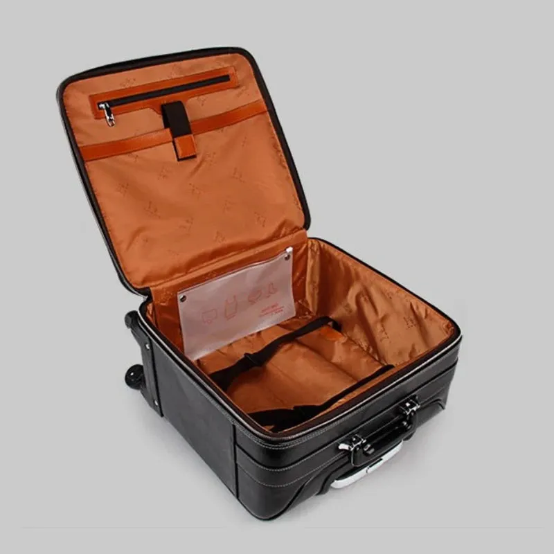 Men's Genuine Leather Travelling Hand Luggage Spinner Wheel Trolley Bag