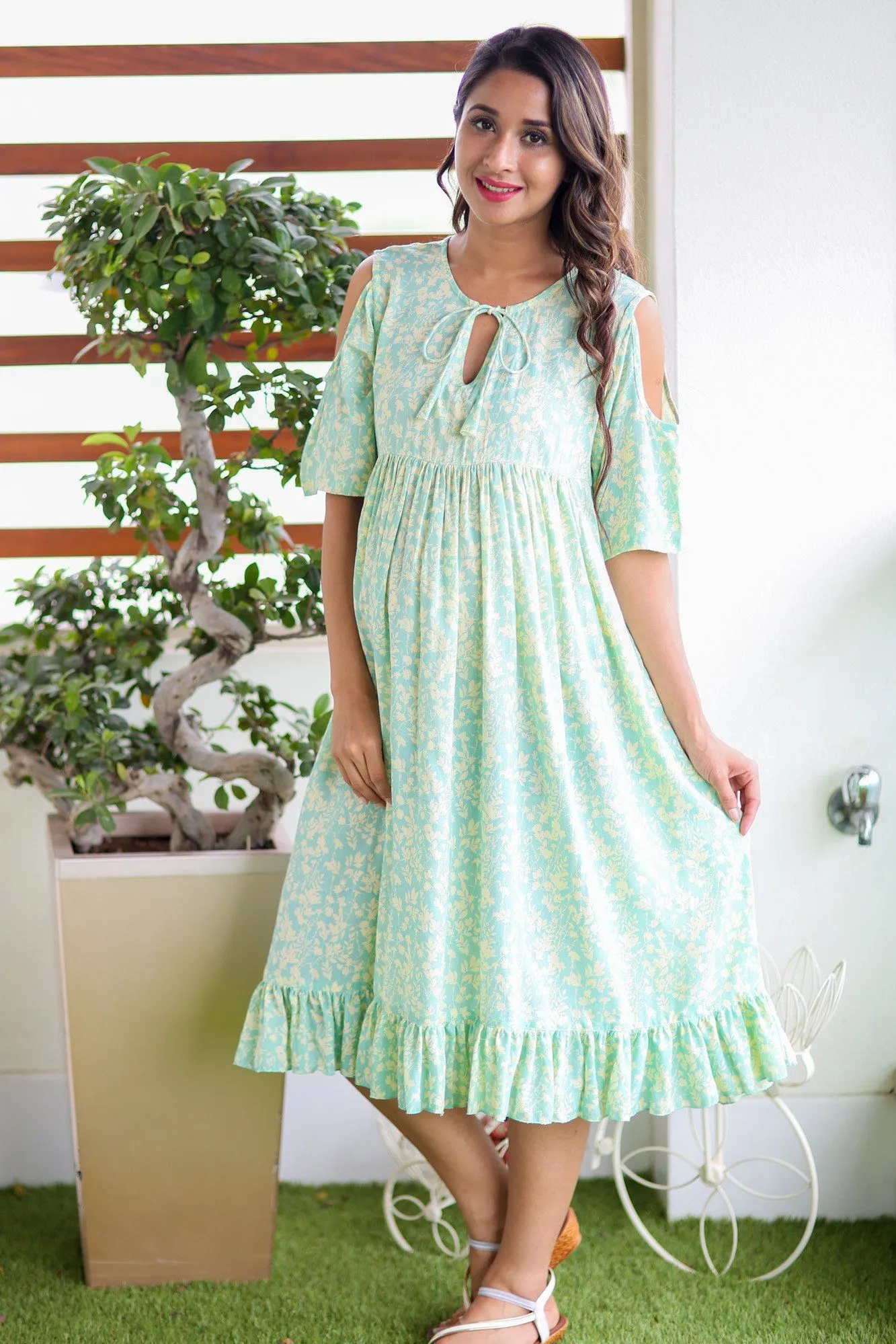 Mint Green Cold Shoulder Frill Maternity Dress