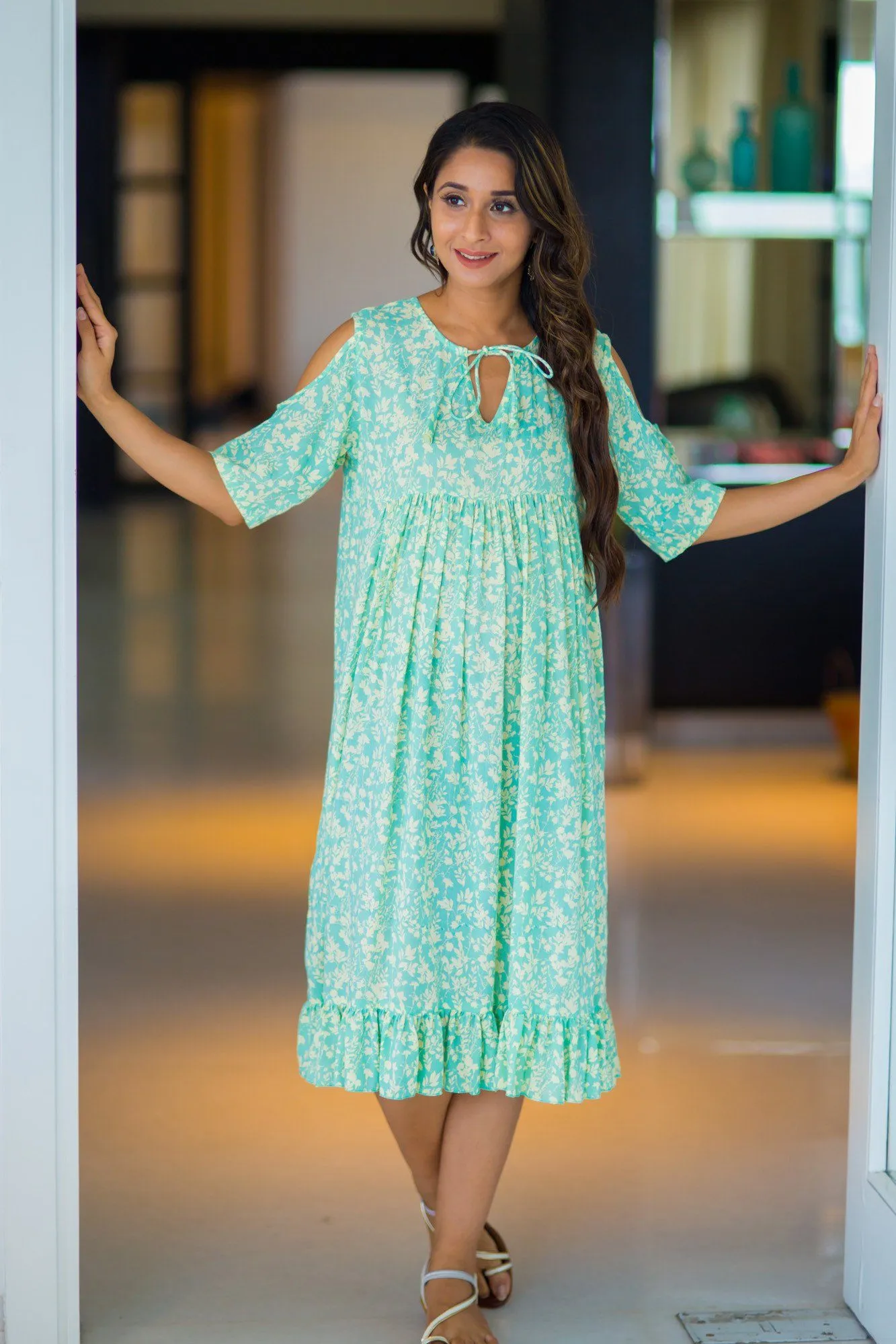 Mint Green Cold Shoulder Frill Maternity Dress