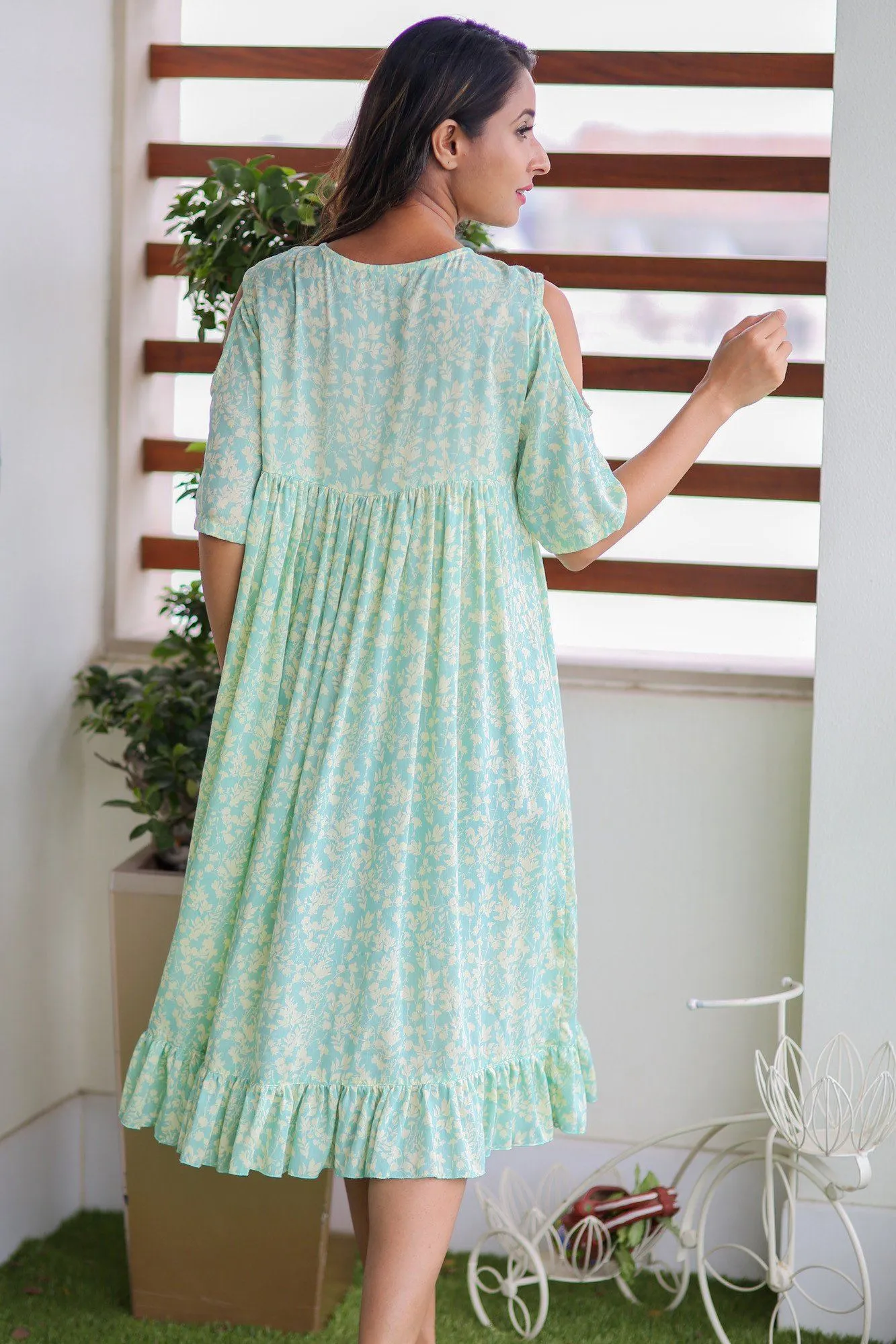 Mint Green Cold Shoulder Frill Maternity Dress