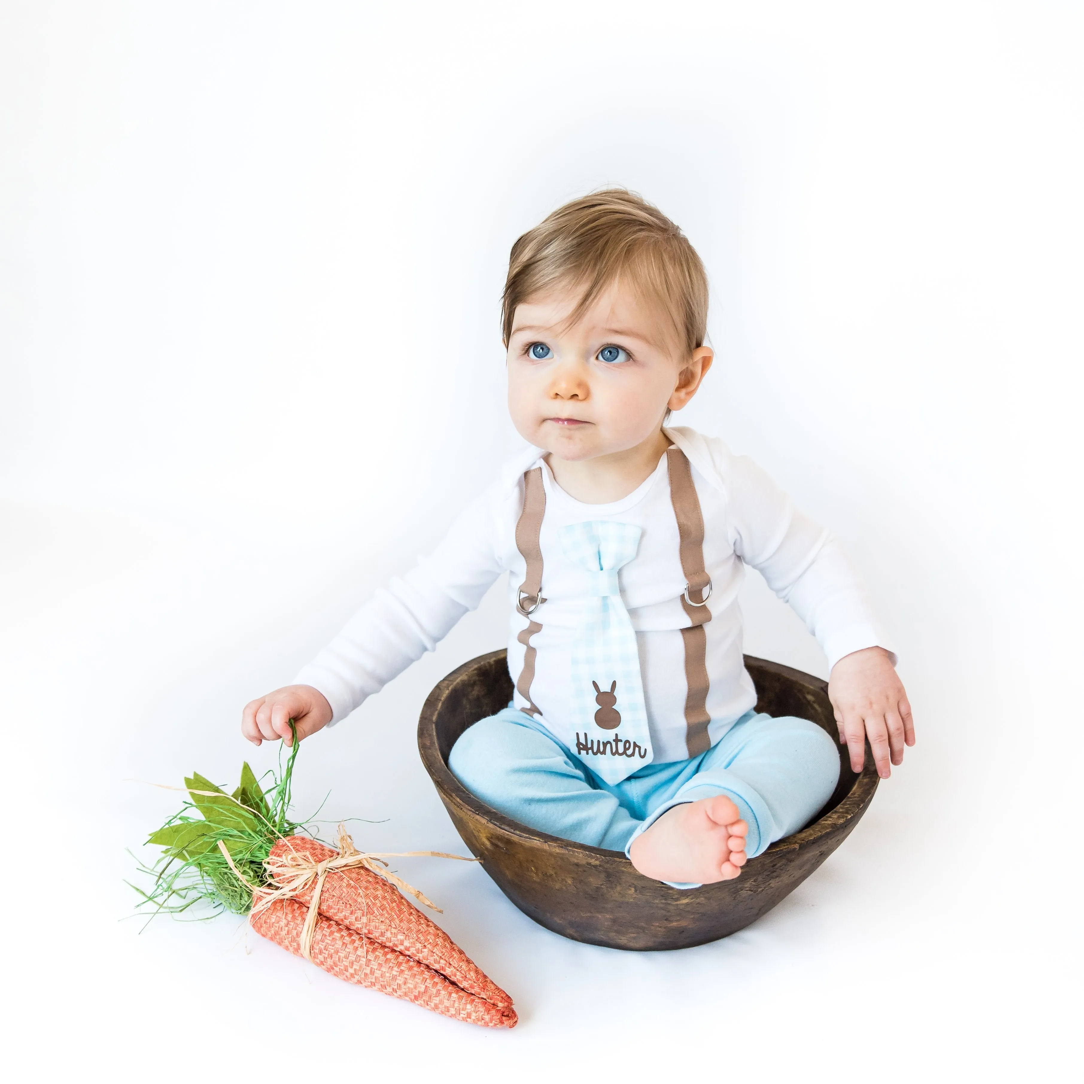 Mocha Suspenders | Personalized Light Blue Gingham Necktie