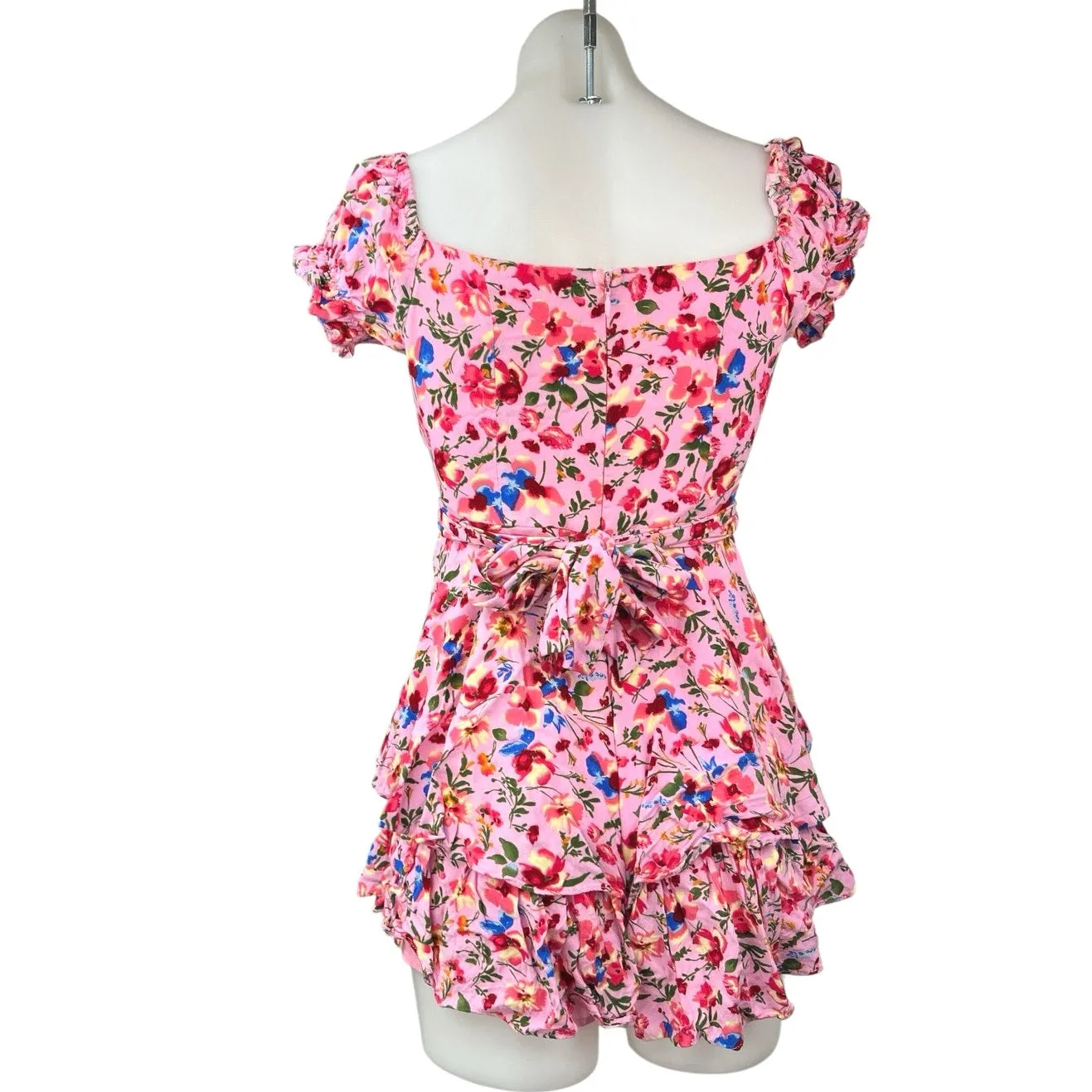 O.Vianca Pink Multicolor Floral Sweetheart Puff Sleeve Ruffle Romper Jumpsuit S