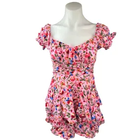 O.Vianca Pink Multicolor Floral Sweetheart Puff Sleeve Ruffle Romper Jumpsuit S