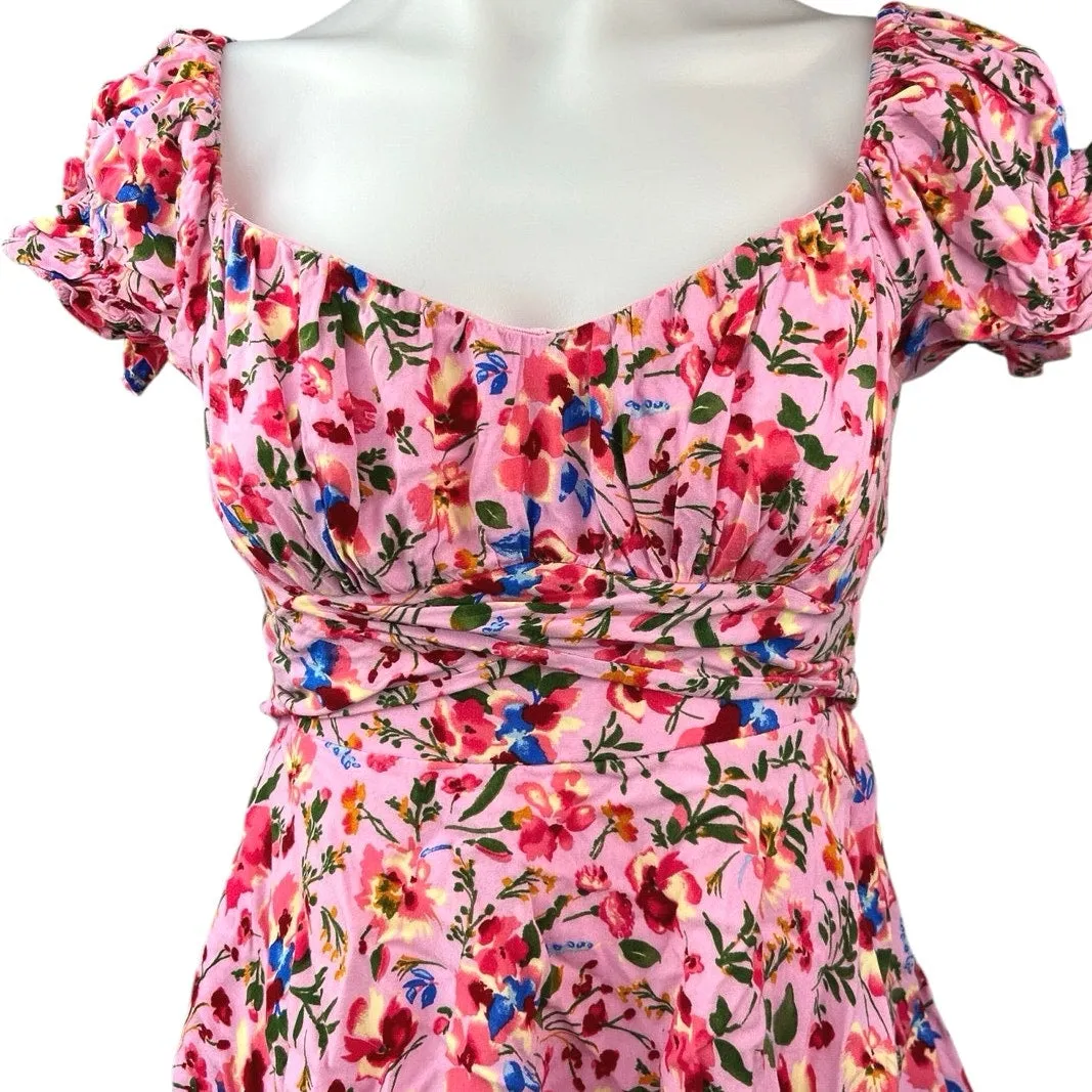 O.Vianca Pink Multicolor Floral Sweetheart Puff Sleeve Ruffle Romper Jumpsuit S