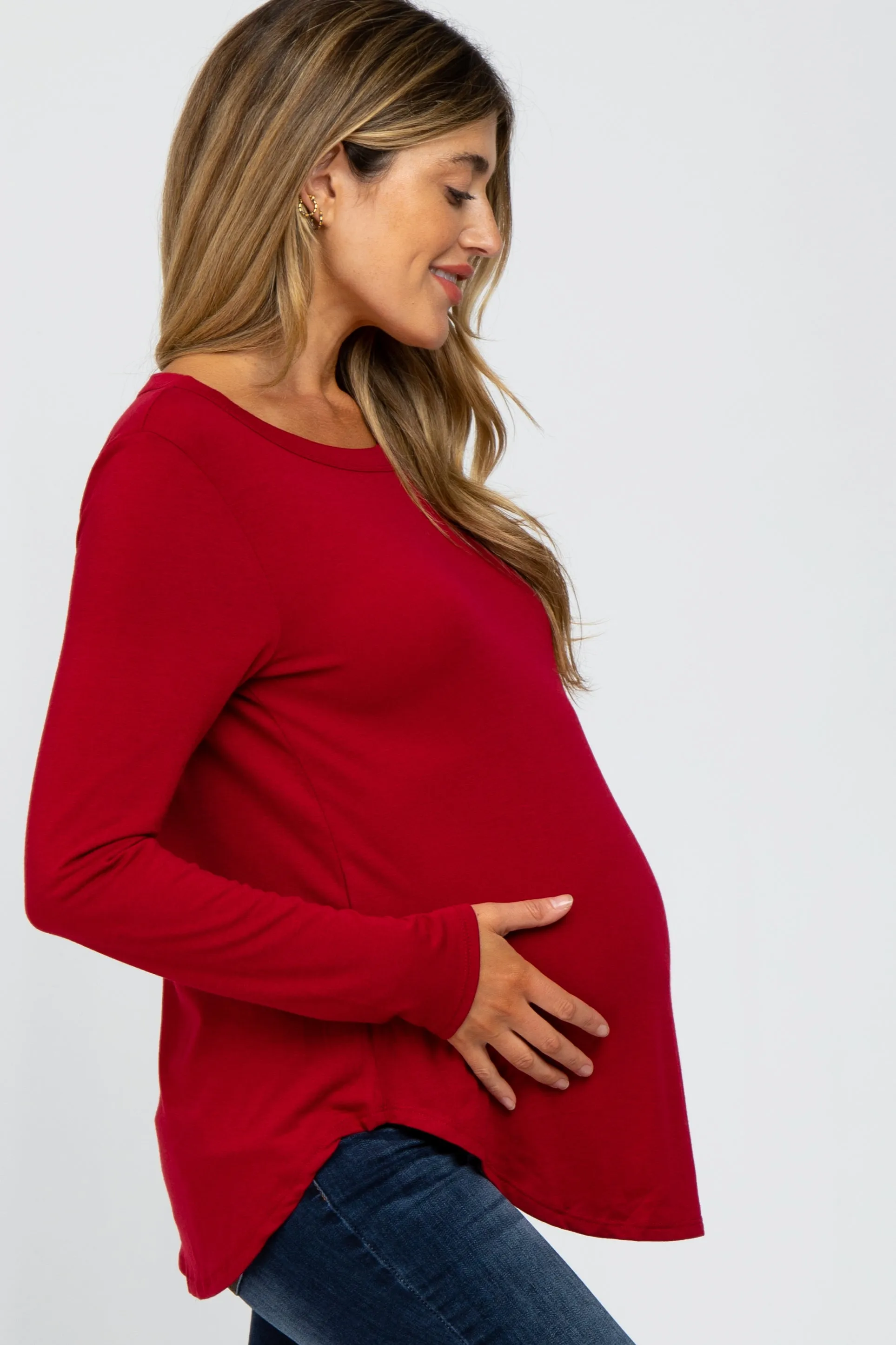 Red Basic Maternity Long Sleeve Top