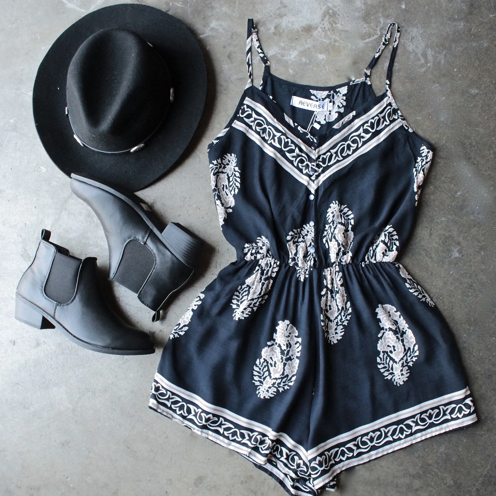 Reverse - Free Fall Boho Print Navy + Cream Romper