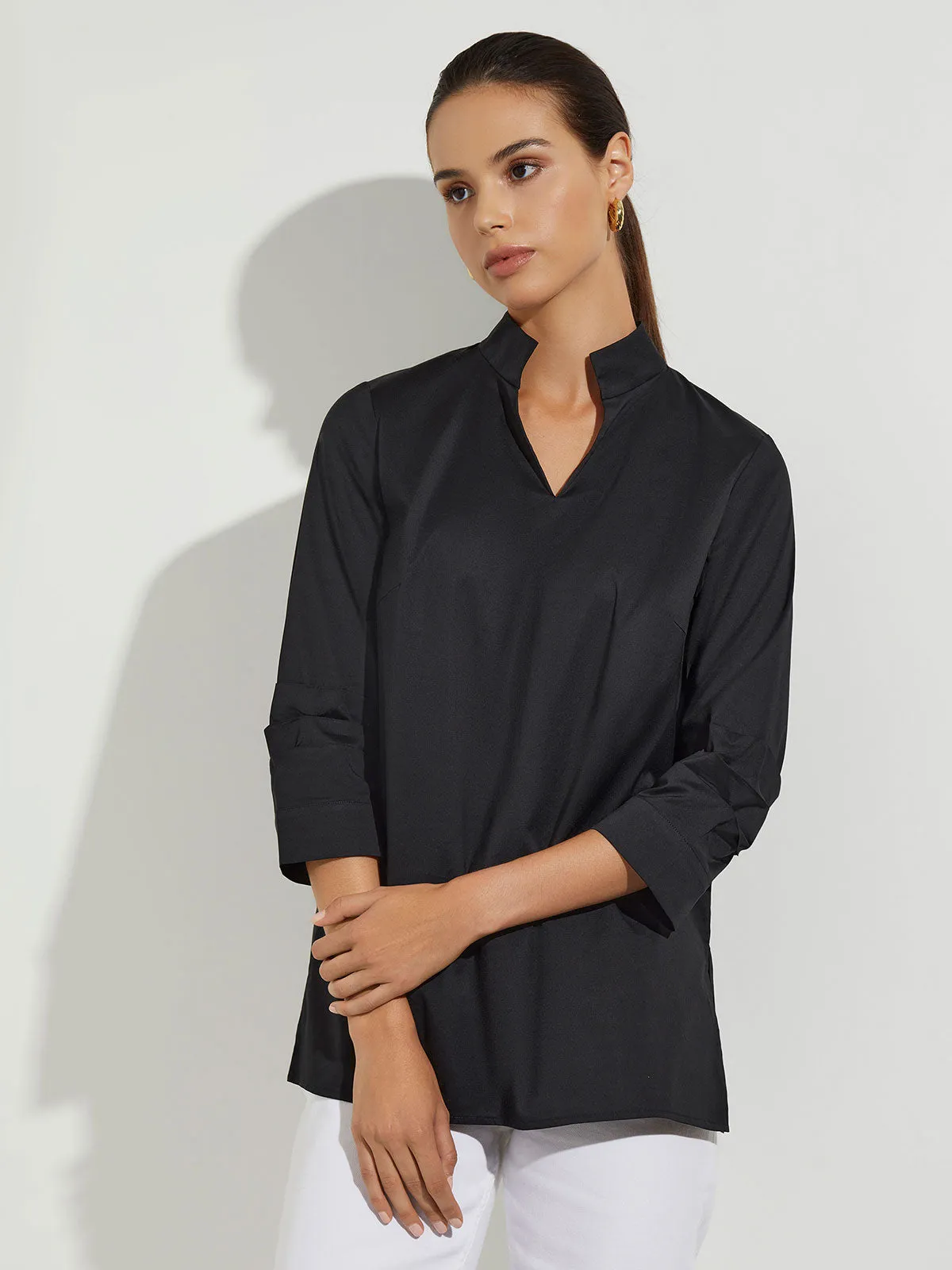 Ruche Sleeve Cotton Tunic, Black