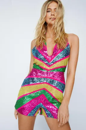 Sequin Colorblock Halterneck Romper