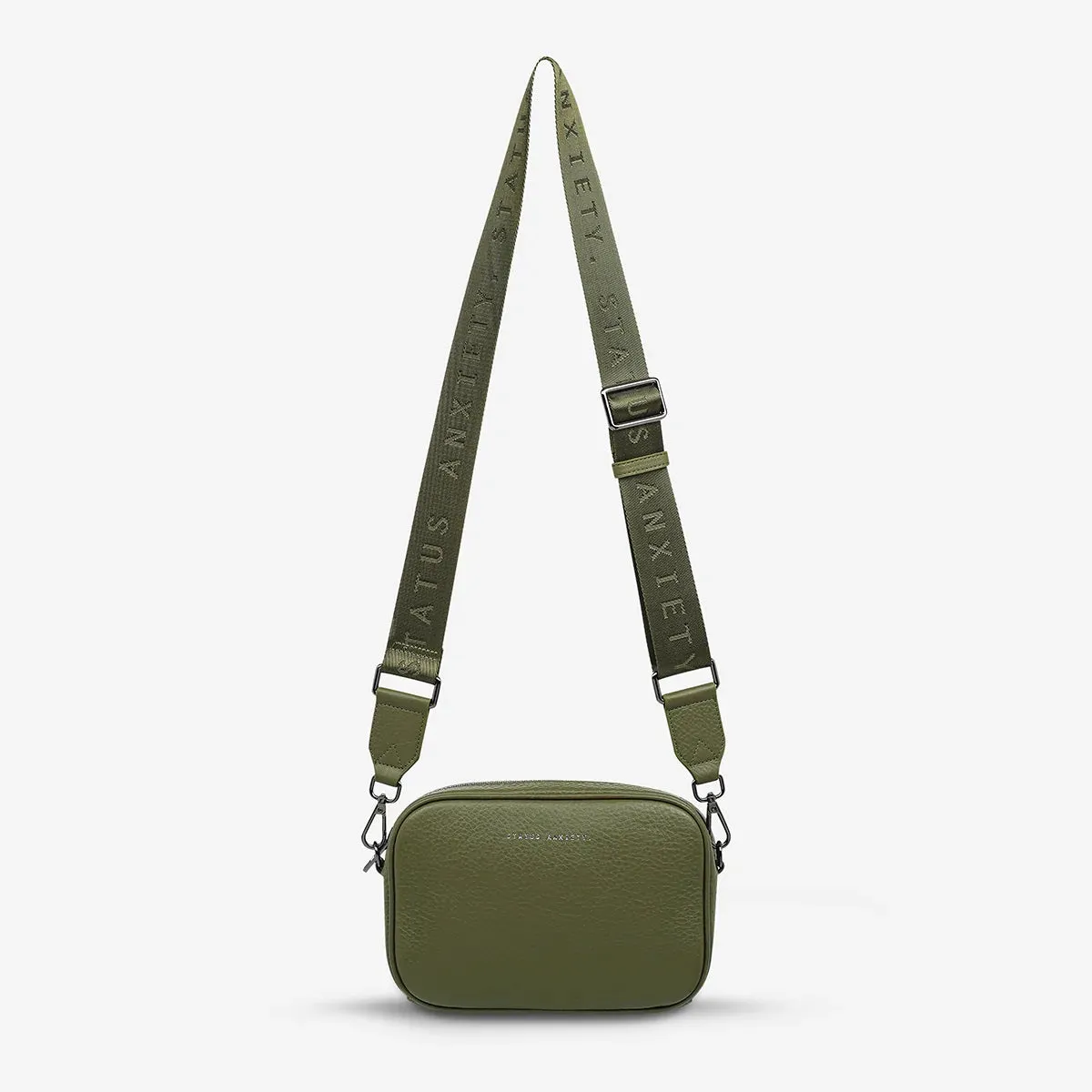 STATUS ANXIETY Womens Plunder Leather Bag with Webbed Strap Khaki