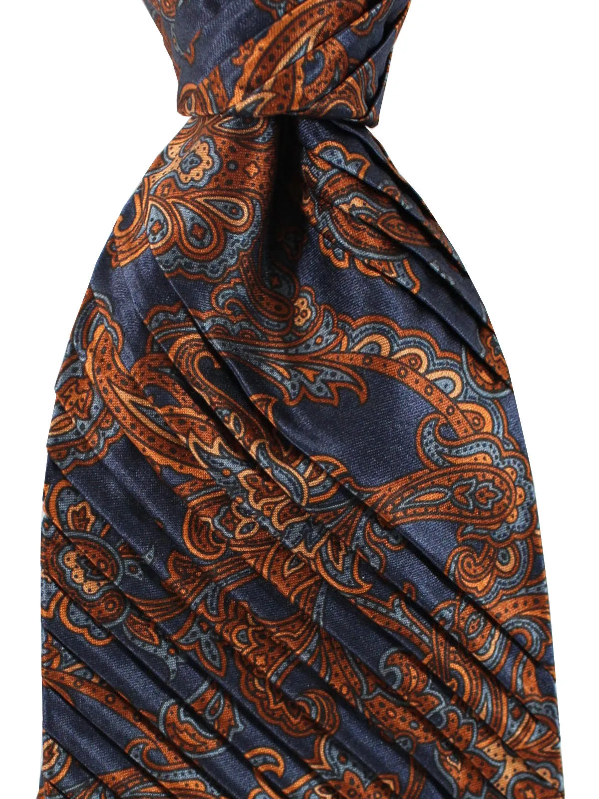 Stefano Ricci Pleated Silk Necktie Dark Blue Gray Brown Ornamental