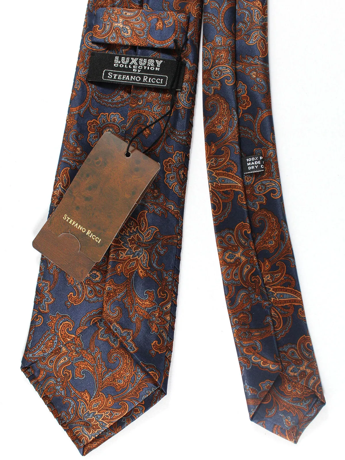 Stefano Ricci Pleated Silk Necktie Dark Blue Gray Brown Ornamental