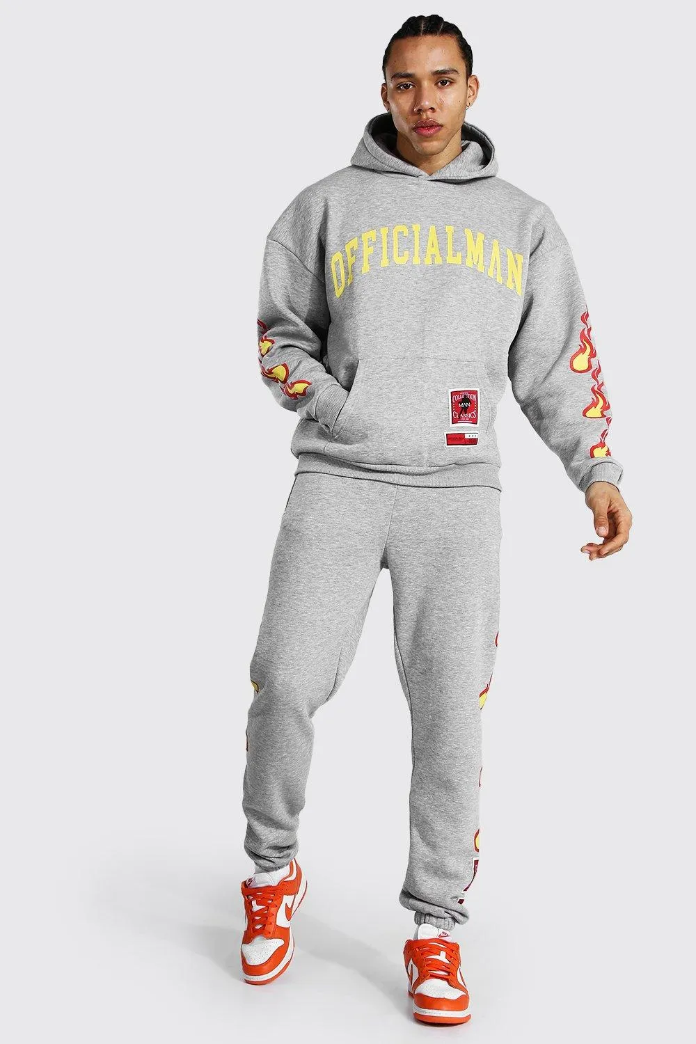 Tall Man Hooded Tracksuit With Fire Print | boohooMAN UK